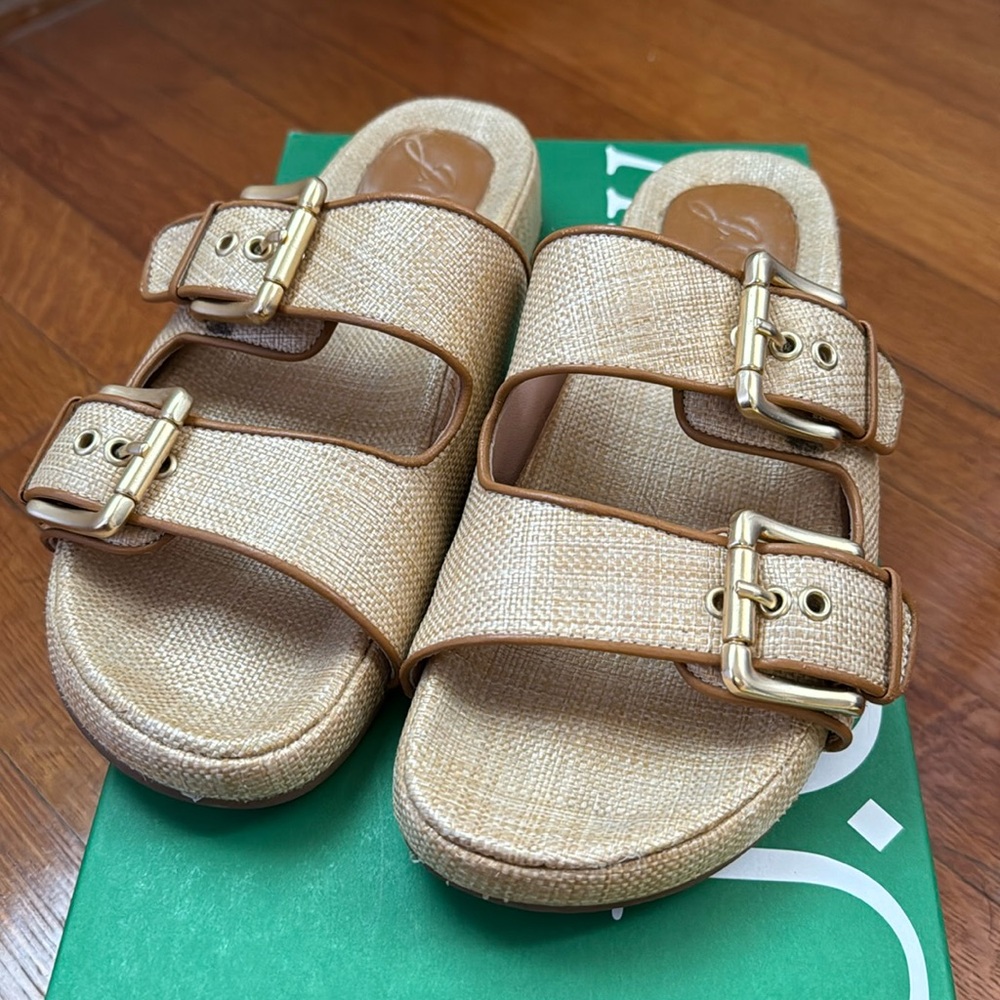 J. Crew raffia two buckle slides